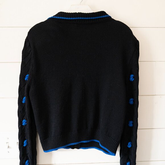 ST JOHN KNIT SIZE 14 SANTANA CLASSIC Black with Blue TRIM Cardigan Jacket Top - Picture 6 of 6